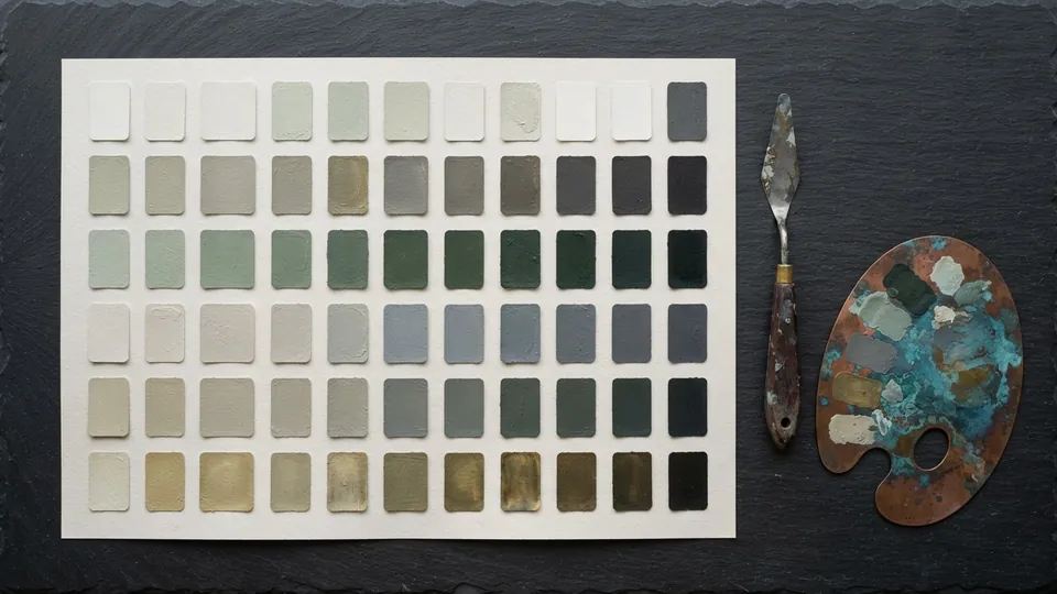 Sheet of hand-painted color chips arranged light to dark in sage greens, warm greys and aged brass, with a palette knife and a patinated copper palette