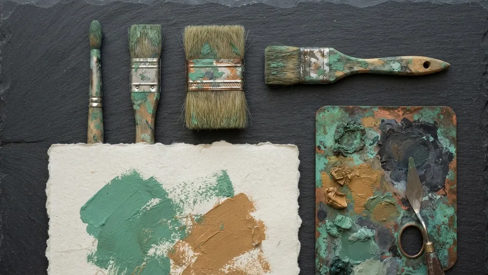 Worn round, flat and bristle brushes in a row above broad textured strokes of patina green and brass paint, with a verdigris copper palette