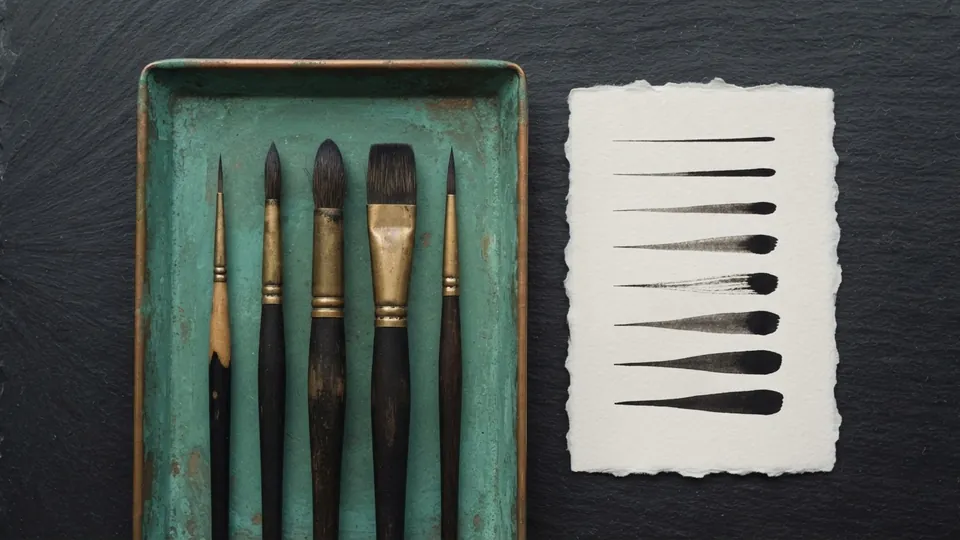 Five brushes resting in a verdigris copper tray beside a sheet of test strokes that taper from thin to thick under changing pressure
