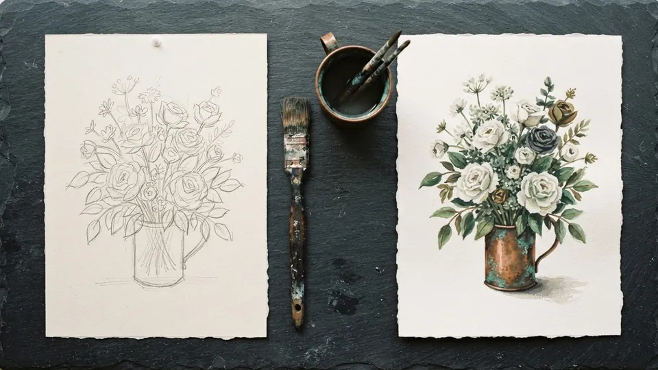 Loose pencil construction sketch of a flower bouquet beside the finished painted version, with a worn brush and a patinated copper cup between them