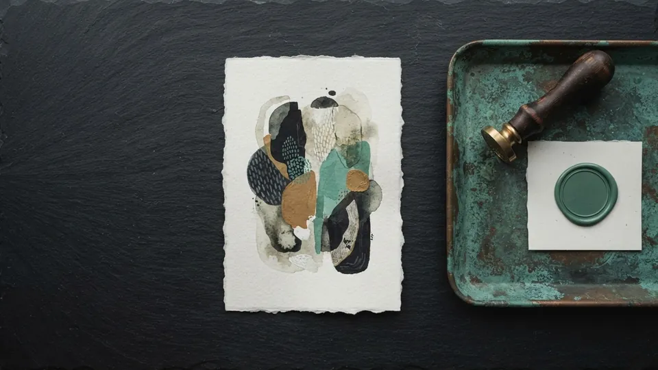 Small abstract painting on torn-edge paper beside a brass seal stamp and a plain green wax seal in a verdigris copper tray, a quiet image of provenance