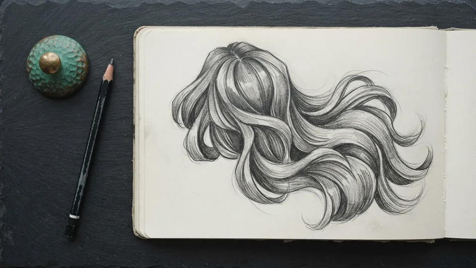 Sketchbook page of flowing graphite hair drawn as large curved masses from one crown point, with a soft pencil and a patinated copper paperweight