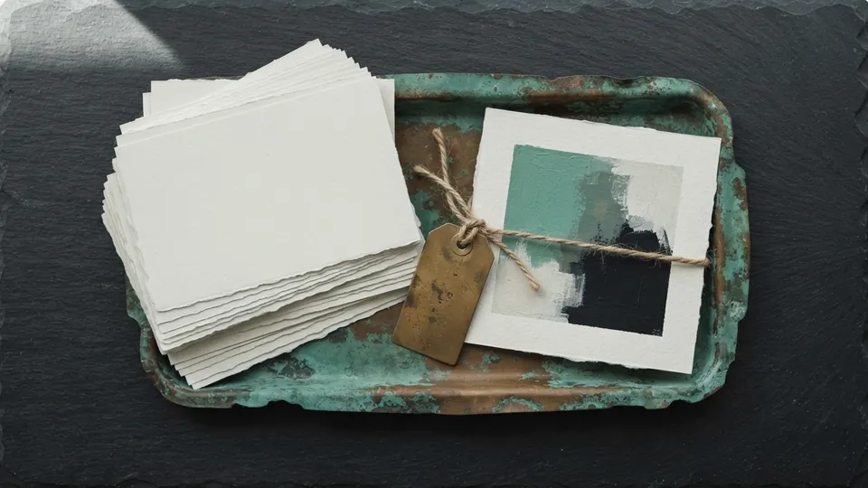 Stack of blank index cards and a painted study tied with string to a small brass tag, all in a verdigris copper tray